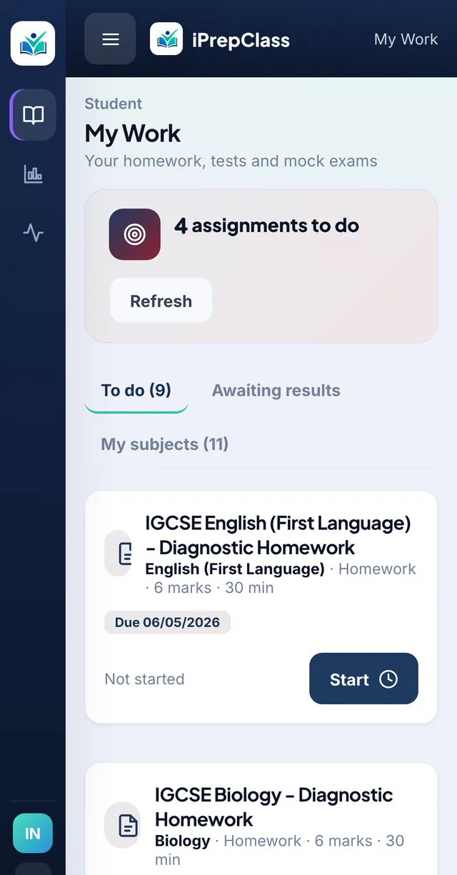 Student My Work screen on a phone showing homework and revision assignments